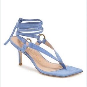 Stuart Weitzman Lalita 75 Womens Ankle Tie Heel Thong Sandal  Blue Suede